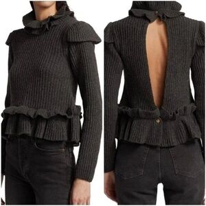 Ganni Stylish Charcoal Open-Back Ruffle Sweater Peplum Wool-blend
